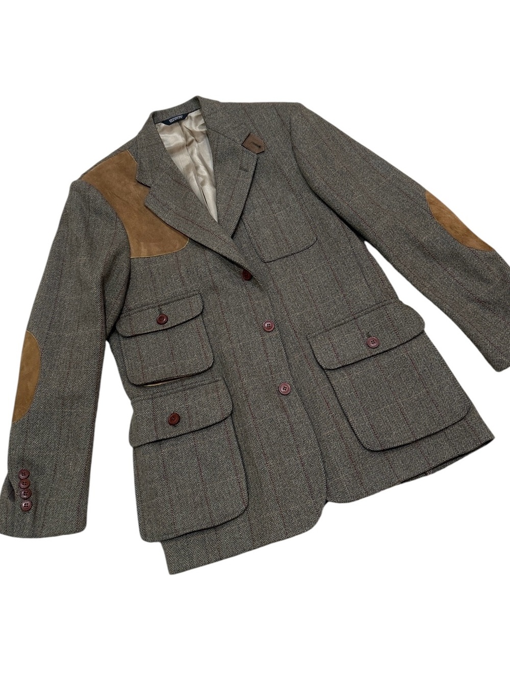 Orvis men Brown herringbone Tweed shooting jacket Tan Suede Elbow & Shoulder 40L